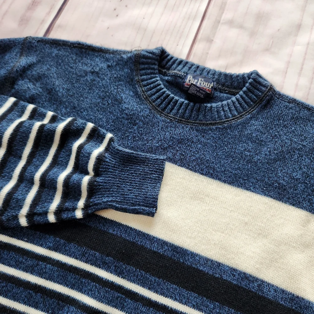 Par Four Vintage Golf Sweater Striped Blue Black White | Men's Size L